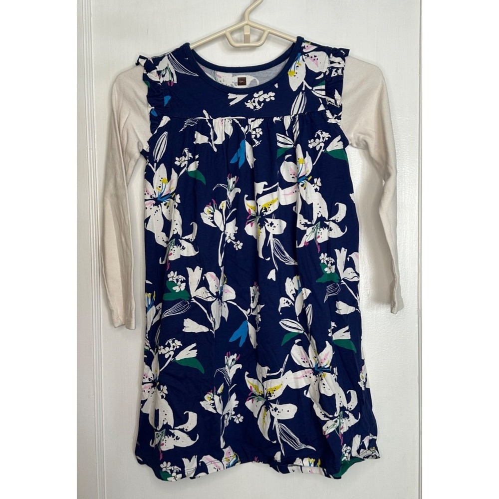 Tea Collection Size 8 Blue Floral Lily Print Long Sleeve Dress